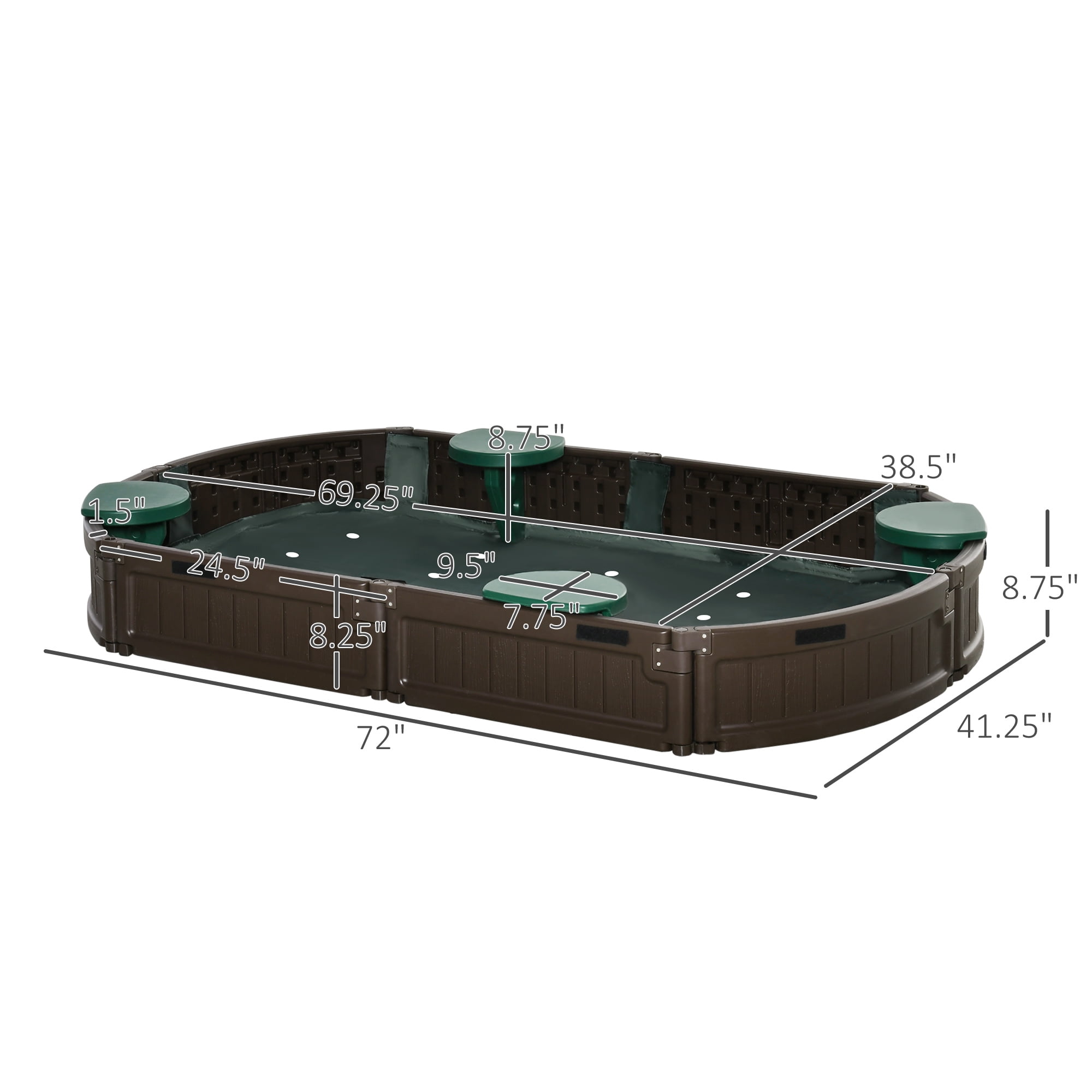 Children's Oval Outdoor HDPE Sandbox with 4 Semicircular Seats, Waterproof Oxford Cover & Liner, Dark Green Brown Sand Pit, Tool-Free Assembly for Backyard Lawn, Ages 3-12