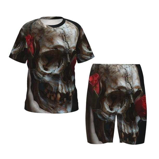 Fotbe Realistic Rose Skull Pijama Estampada de 2 Piezas para Niños – Ropa de Dormir de Manga Corta Cómoda para Niños y Niñas, Camiseta y Shorts de Algodón-XX-Large