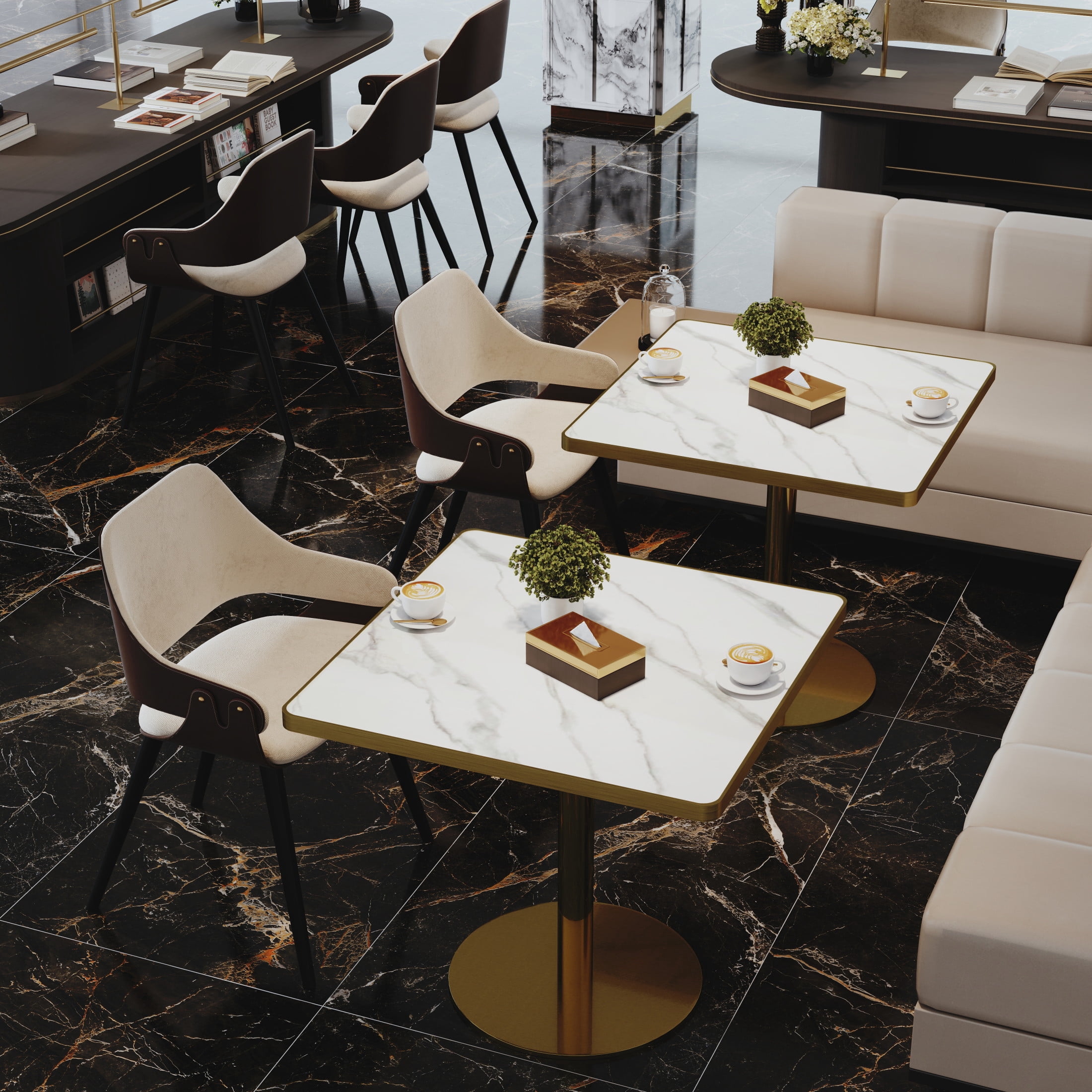 Noble House 31.5" Square Dining Table with Faux Marble Top, Luxury Tulip Table with Stainless Steel Legs, White & Gold