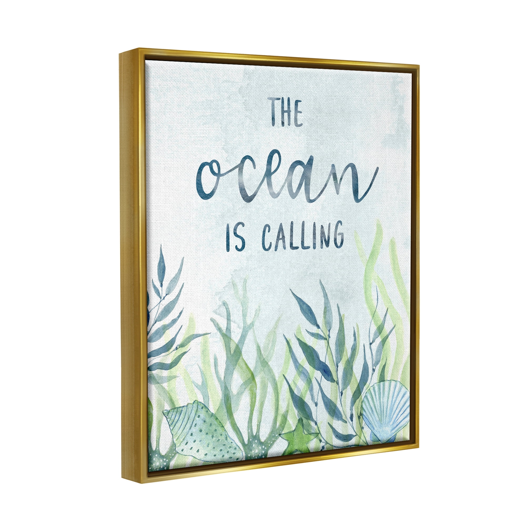 Stupell Industries Ocean Calling Phrase Animals & Insects Painting Gold Floater Framed Canvas Art Print Wall Art, 17 x 21