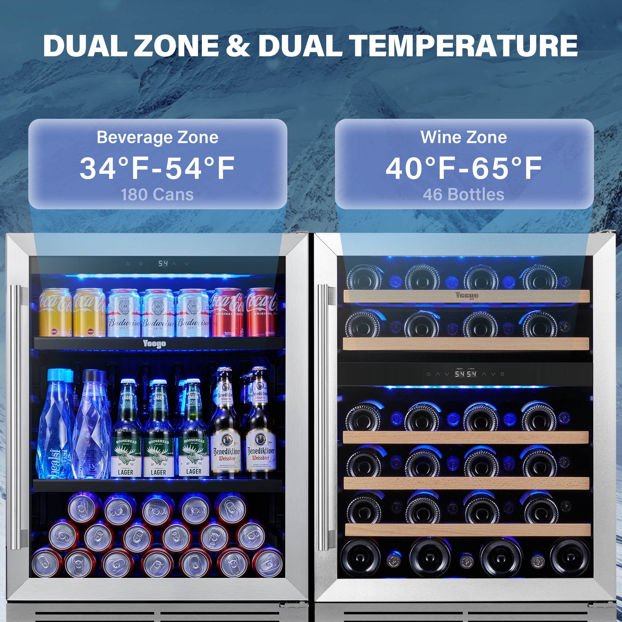 Yeego 48" Wine Cooler and Beverage Refrigerator - 2×24'' Wine Cooler Side by Side - Dual Zone Under Counter Fridge, Hold 140 Cans and 46 Bottles