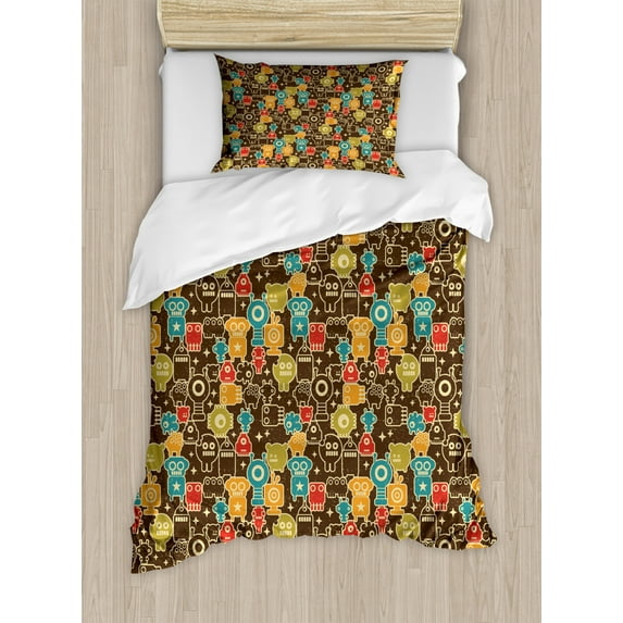 Alien Duvet Cover Set Twin Size, Robot Monsters in Space Themed Stars Retro Style Fantastical Futuristic Illustration, Decorative 2 Piece Bedding Set with 1 Pillow Sham, Multicolor, by Ambesonne
