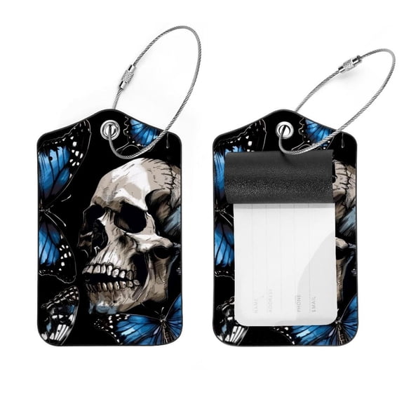 PhooArto Blue Butterflies Skull Pattern Luggage Tags with Stainless Steel Loop, 2 Pack Luggage Tag Holders for Travel Luggage Baggage Identifier