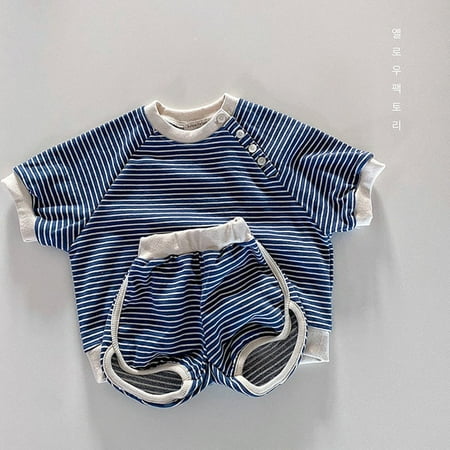 

DancePeanut 2pcs Summer Shorts Suits Korean Cotton Striped Button Short Sleeve T-shirt + Pant Baby Clothes Casual Sports Suit