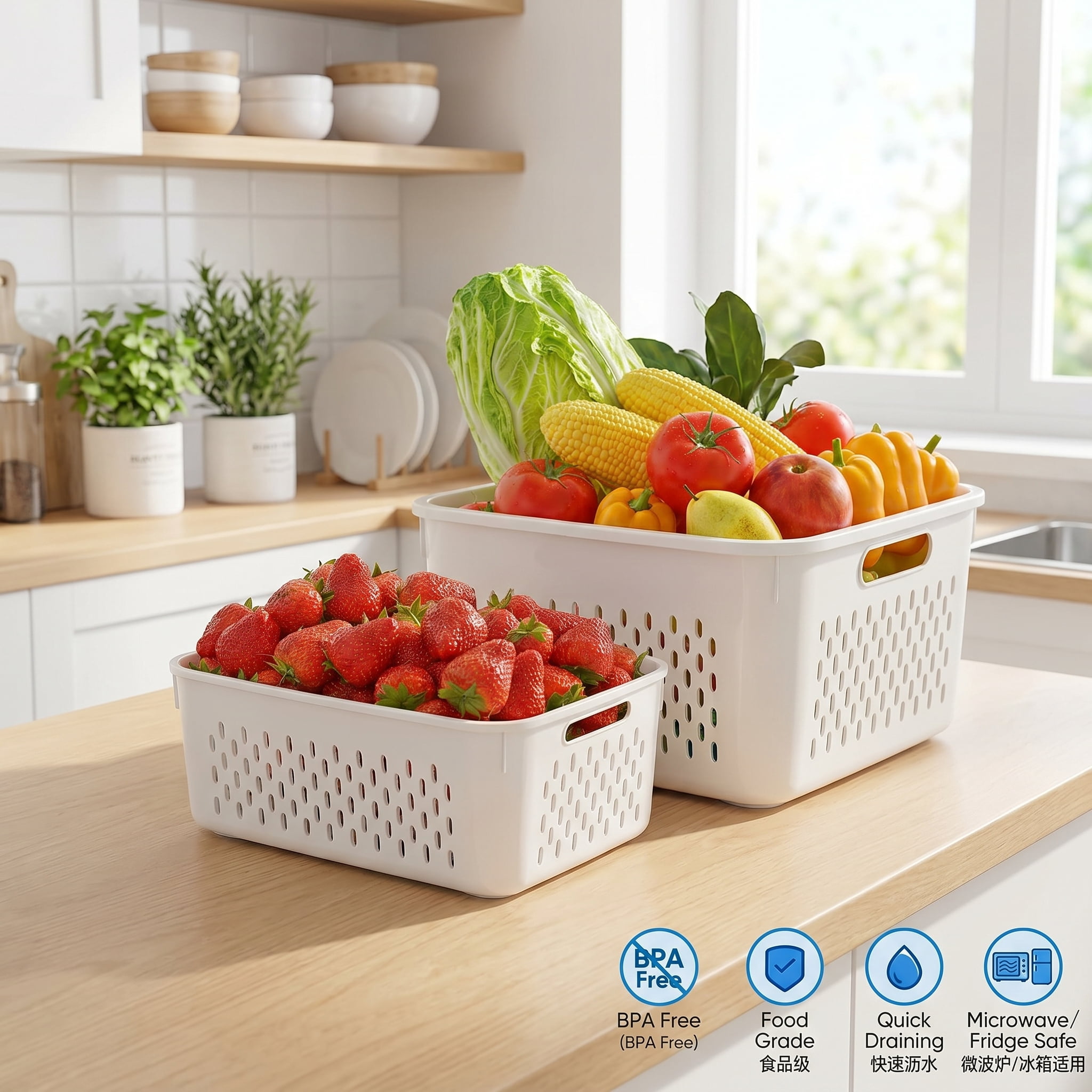 5-Pack Large Refrigerator Fruit Storage Containers with Handles, Leakproof Produce Saver with Removable Drain Colander