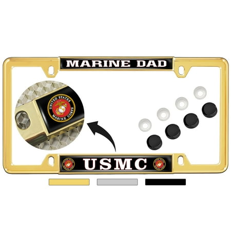 [Officially Licensed USMC Product] - Marine Dad - United States Marine Corps - Domed Custom-Made Personalized Thin Top 4 Hole Metal Car License Plate Frame with Free caps - Gold (Qty: 1 Frame)