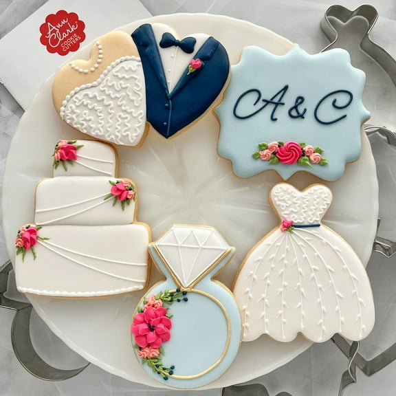 Ann Clark Cookie Cutters Wedding Cookie Cutters 5-Pc Set Made in the USA , Square Plaque, Wedding Cake, Wedding Dress, Diamond Ring, Double Heart