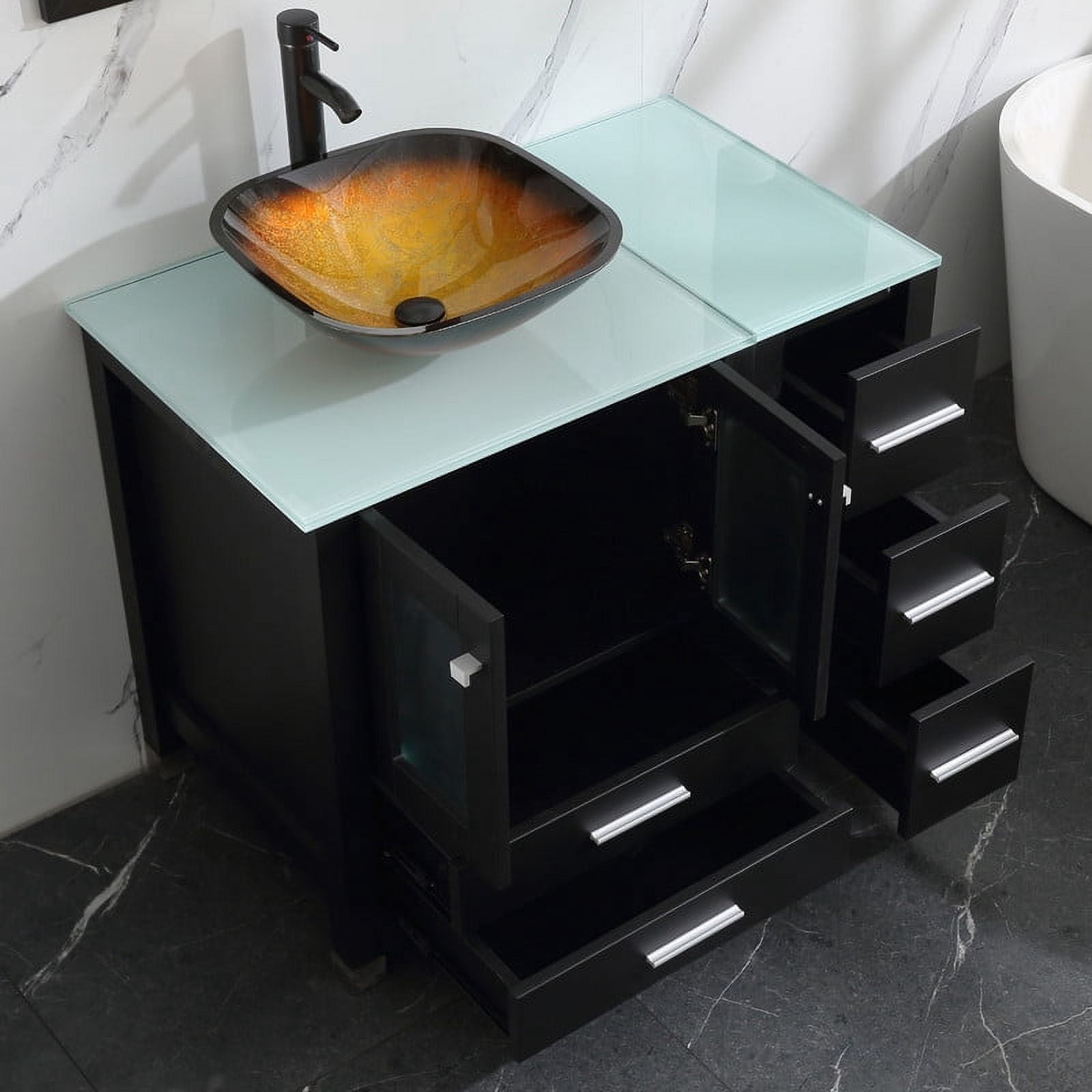 Walsport 36" Luxurious Bathroom Vanity and Sink Combo Cabinet with Golden&Black Glass Vessel Sink and Faucet Pop Up Drain,Black