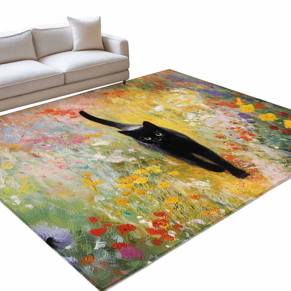 Black Cat 5x7ft Non Slip Area Rug Colorful Floral Garden Impressionist Washable Soft Area Rugs for Living Room, Indoor Circle Carpet for Bedroom Dining Room Kitchen