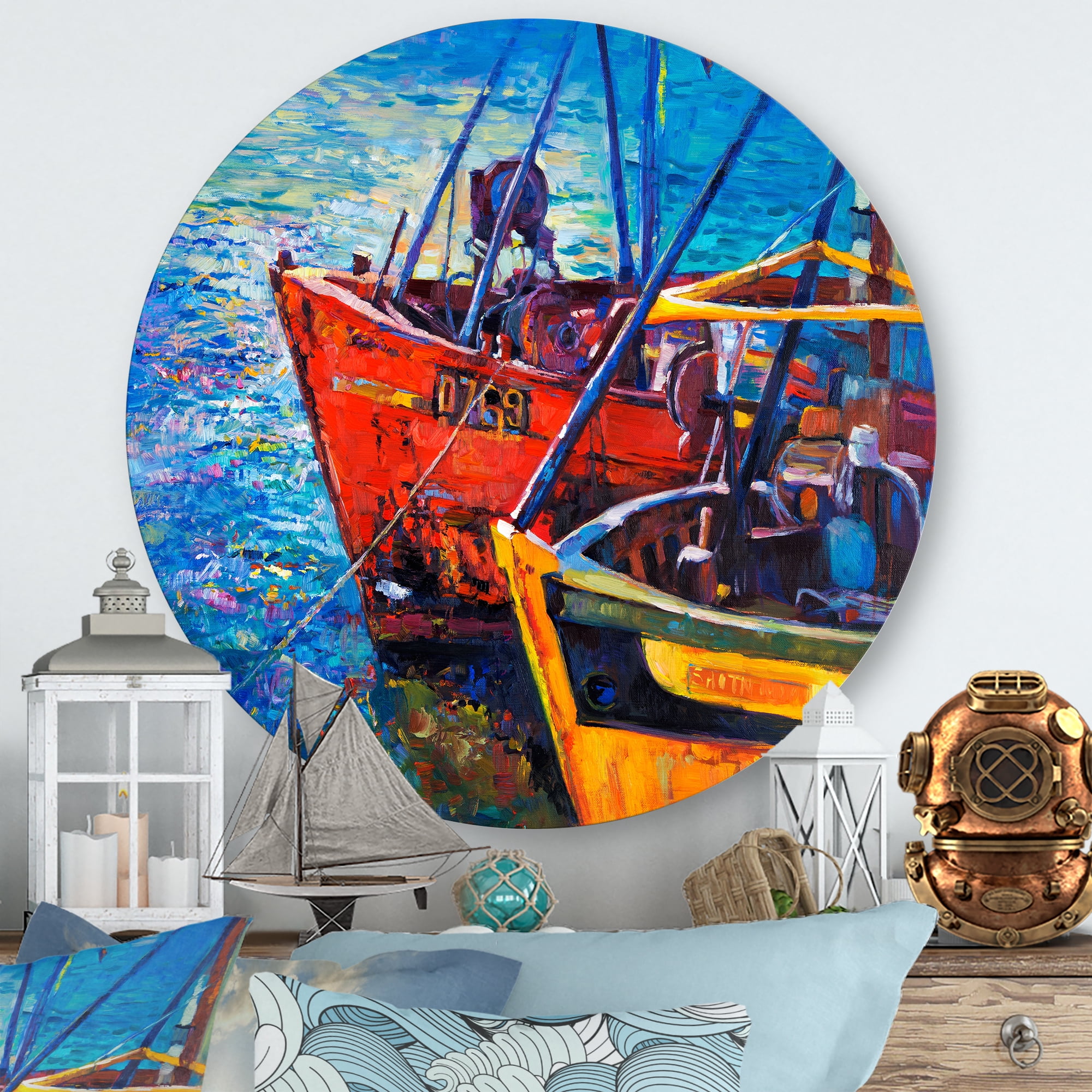 Designart 'Boats During Warm Sunset Resting On The Water VII' Nautical & Coastal Circle Metal Wall Art 23x23 - Disc of 23