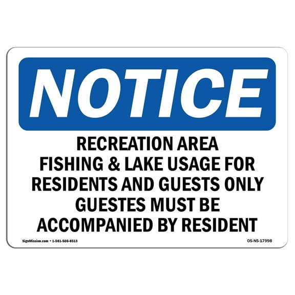 OSHA Notice Sign - Recreation Areas Fishing & Lake Usage For | Decal | Protect Your Business, Construction Site | Made in the USA