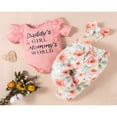 thumbnail image 2 of PENGXIANG Kids Baby Girls Floral Set Daddy Mommy Ribbed Romper Pants Headband Outfits 3-6 Months, 2 of 7