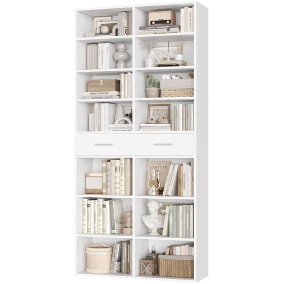 Homfa 7-Tier Bookcase with 2 Drawers, 72.8" H Double Wide Bookcase with 4 Adjustable Shelves for Study Office Living Room, White
