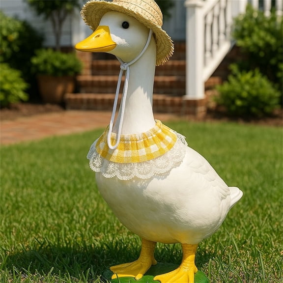 Fresh Pastoral Porch Goose Outfit - Woven Straw Hat (with Adjustable Drawstring) & Yellow-White Gingham Lace Collar Set, Gentle Durable Materials,Ideal for Porches, Patios, Gardens & Indoor Decor
