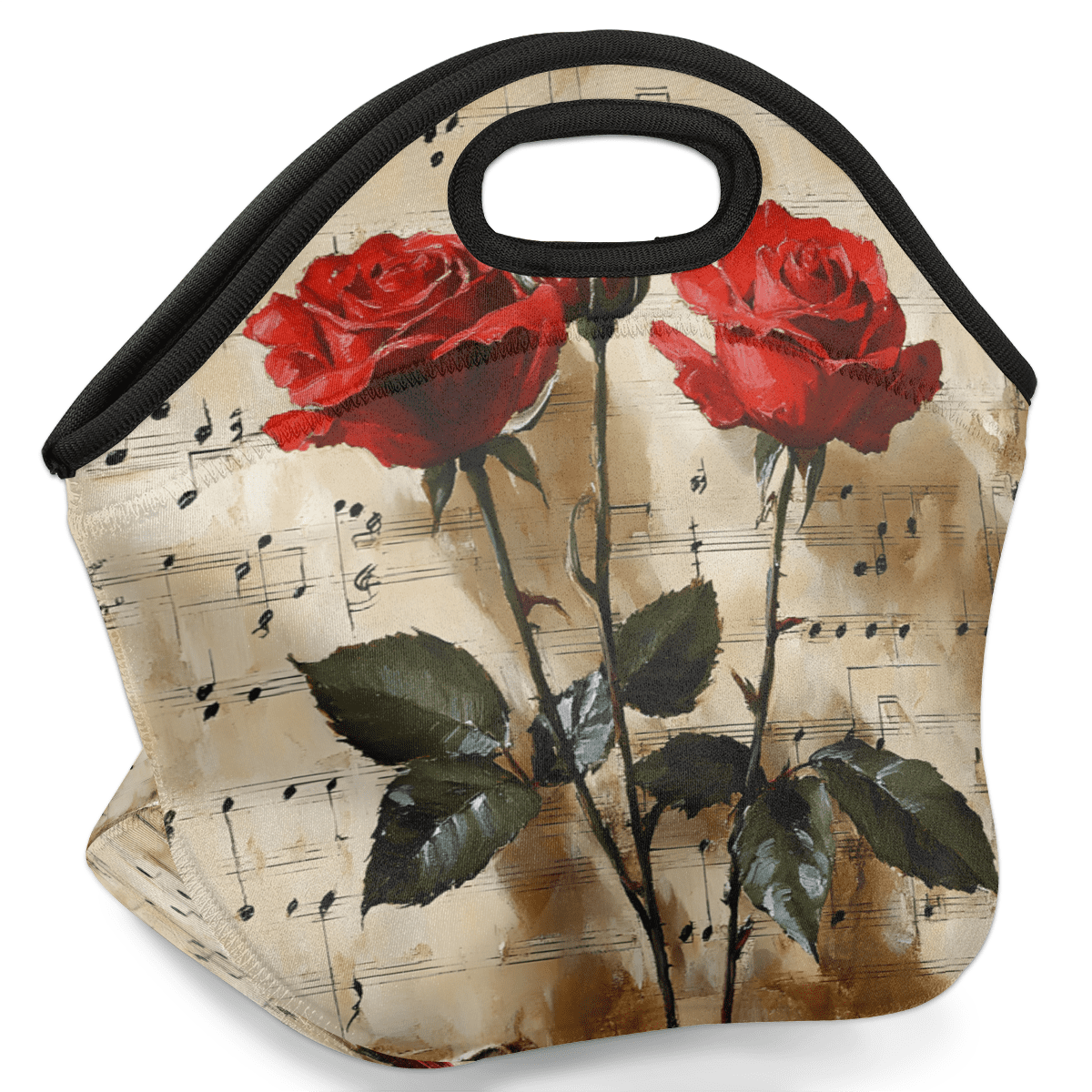 Herdesigns Red Rose Insulated Lunch Bag Neoprene Lunch Box for Women Men Soft Cooler Bag Rose Floral Washable Lunch Tote for Work Outdoor Picnic
