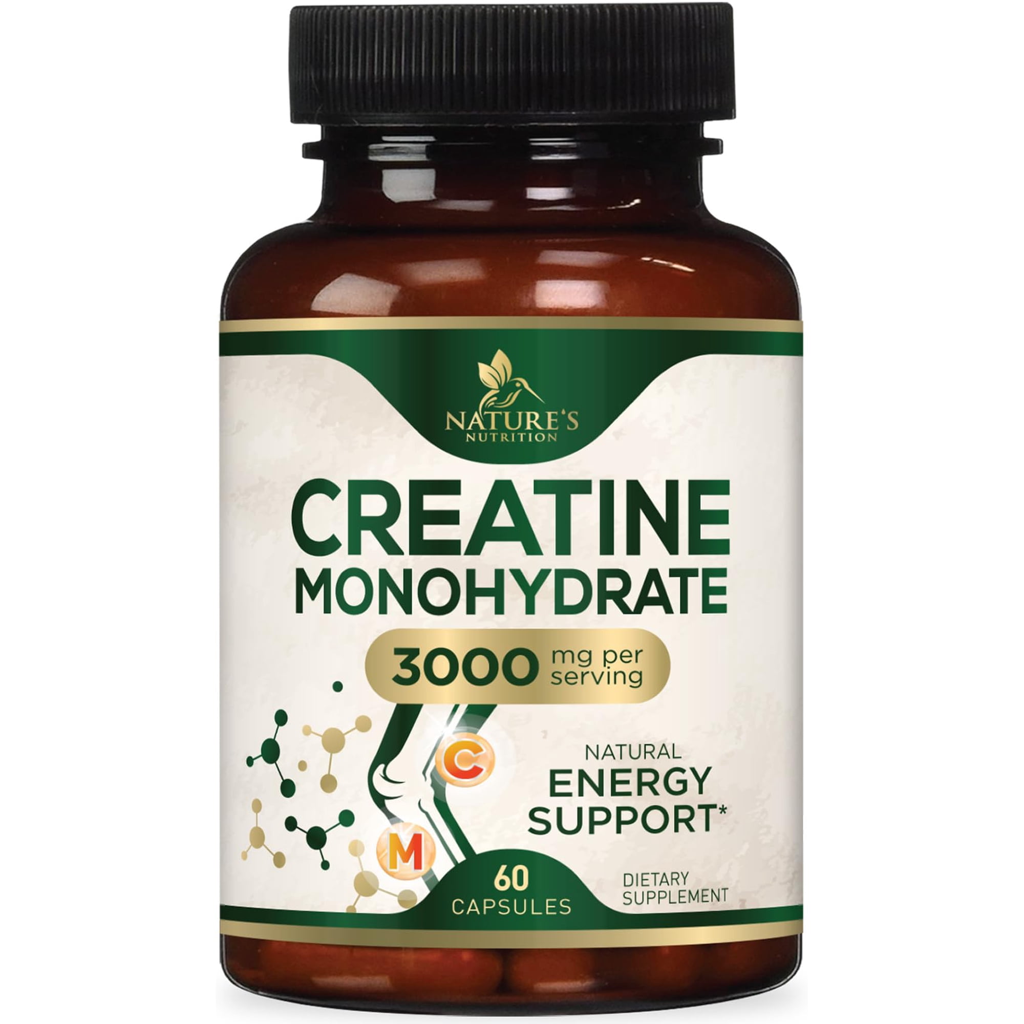Creatine Monohydrate 3000mg Per Serving – Micronized Creatine Powder Capsules - Supports Lean Muscle, Strength, Energy, & Endurance - Nature's Supplement, Non-GMO, Bottled in USA - 60 Capsules