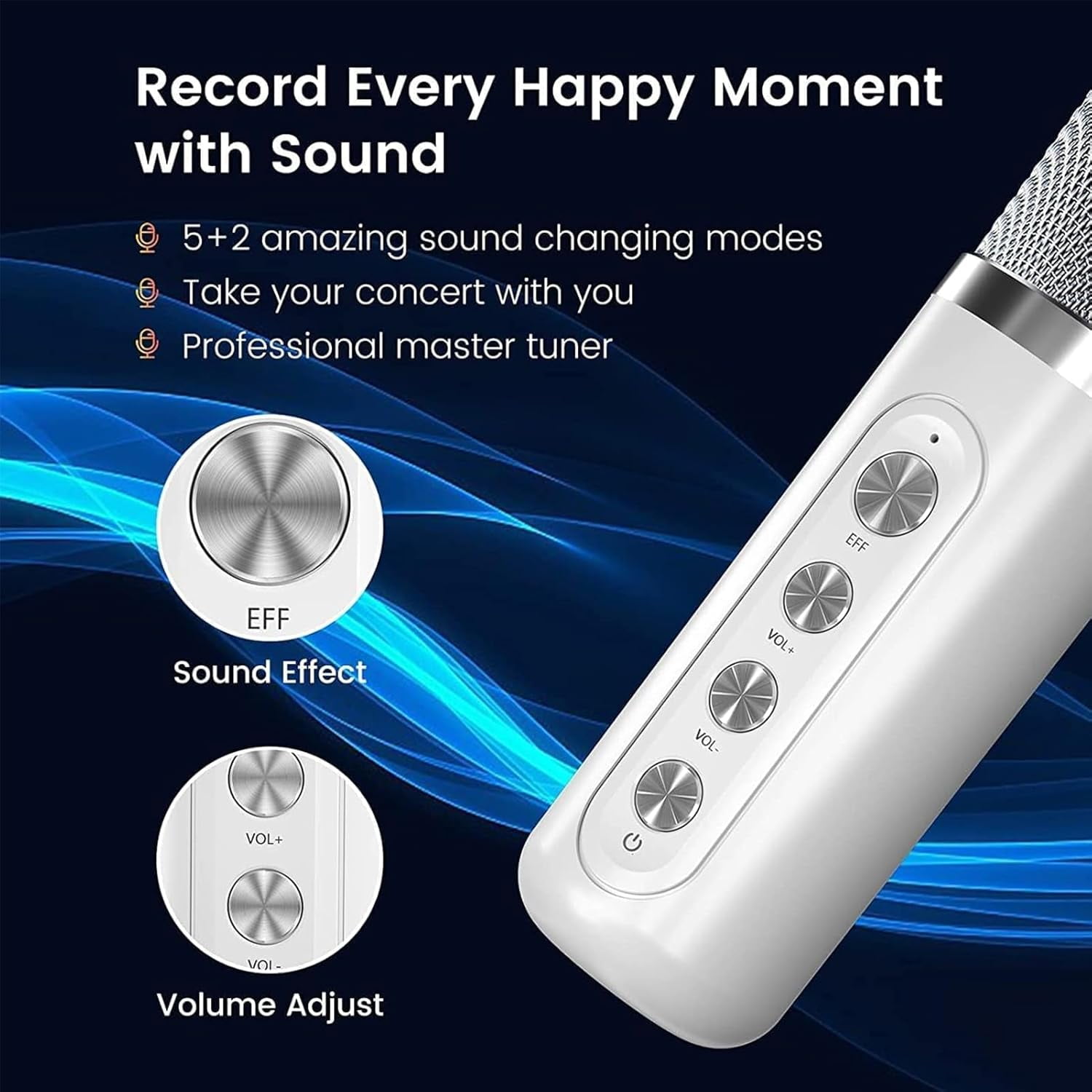 Karaoke Machine with 2 Wireless Mics, Portable Bluetooth Speaker for TV Singing, Home Party & Gifts for Adults, Kids, Boys & Girls White