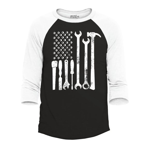 Shop4Ever Men's Mechanic Tool American Flag USA Raglan Baseball Shirt XX-Large Black/White