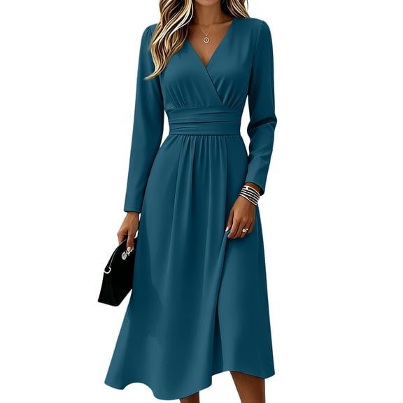 Womens Fall Casual Maxi Dresses Plus Size Flowy Casual V Neck Wrap Dress Maxi Dress for Wedding Guest, Graduation, Party