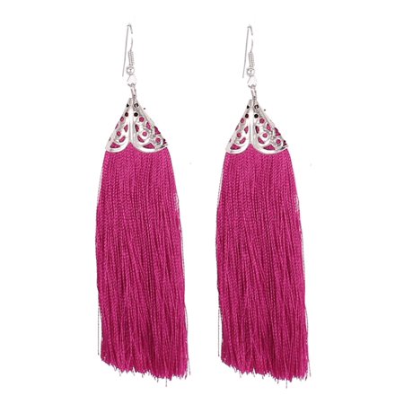 - Pair Magenta Tassel Fringed Fish Hook Dangling Ear Decoration Earrings for Women