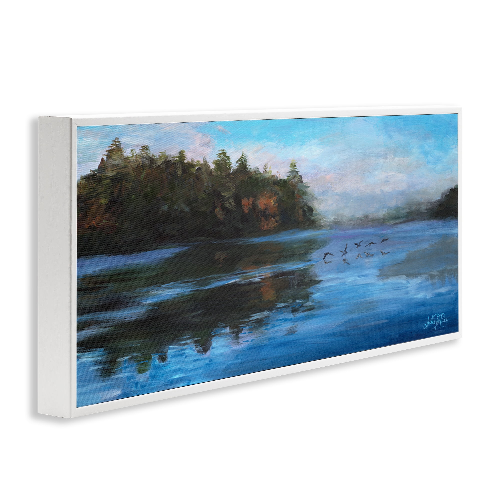 Stupell Industries Birds Along River Landscape Painting White Framed Art Print Wall Art, 30 x 13