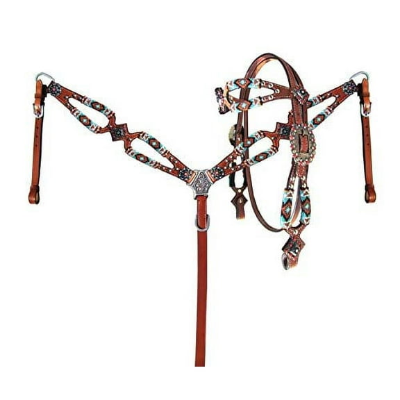 Showman Turquoise & Orange Beaded Leather Headstall & Breast Collar Set