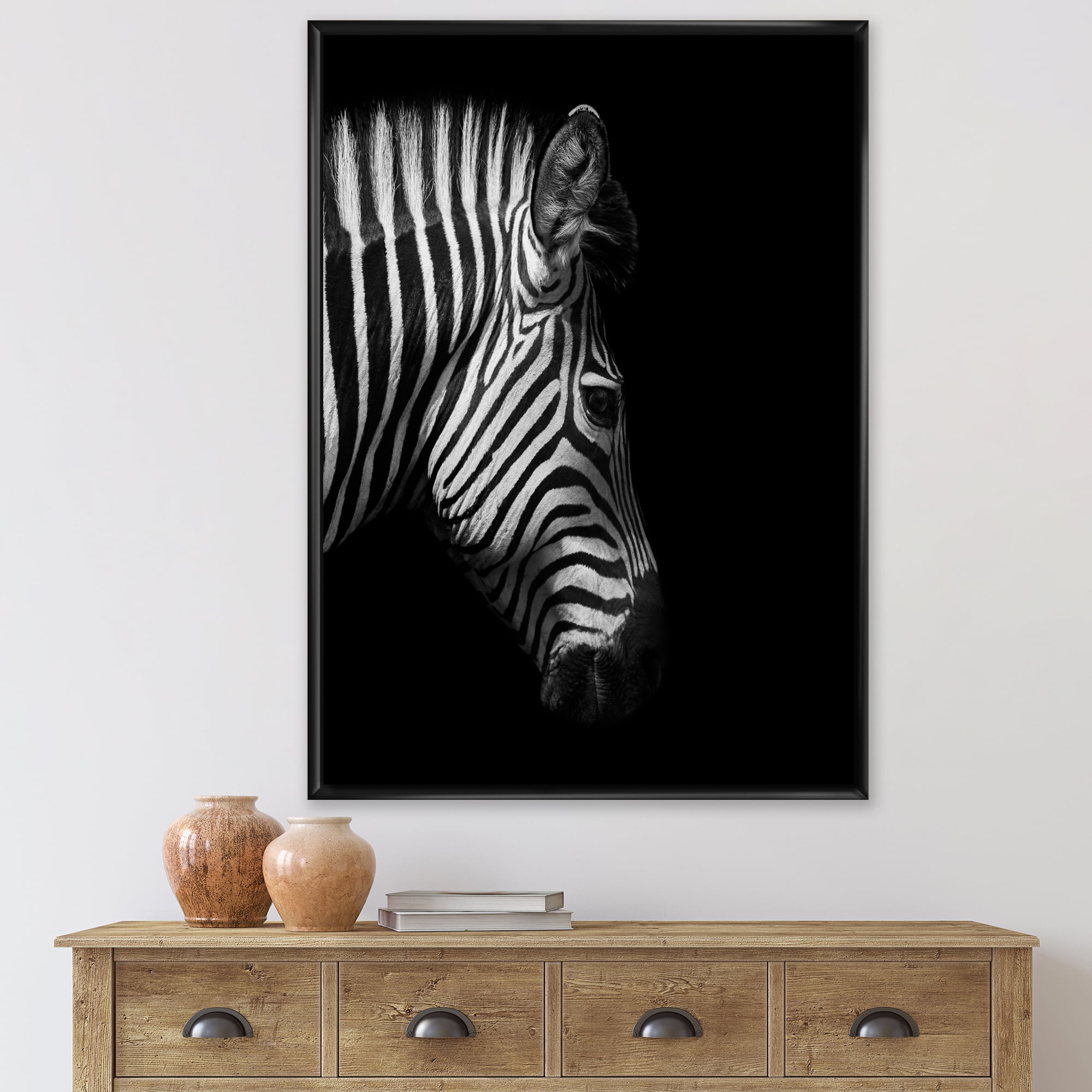 Designart 'Black and White Portrait of Zebra Head' Farmhouse Framed Canvas Wall Art Print