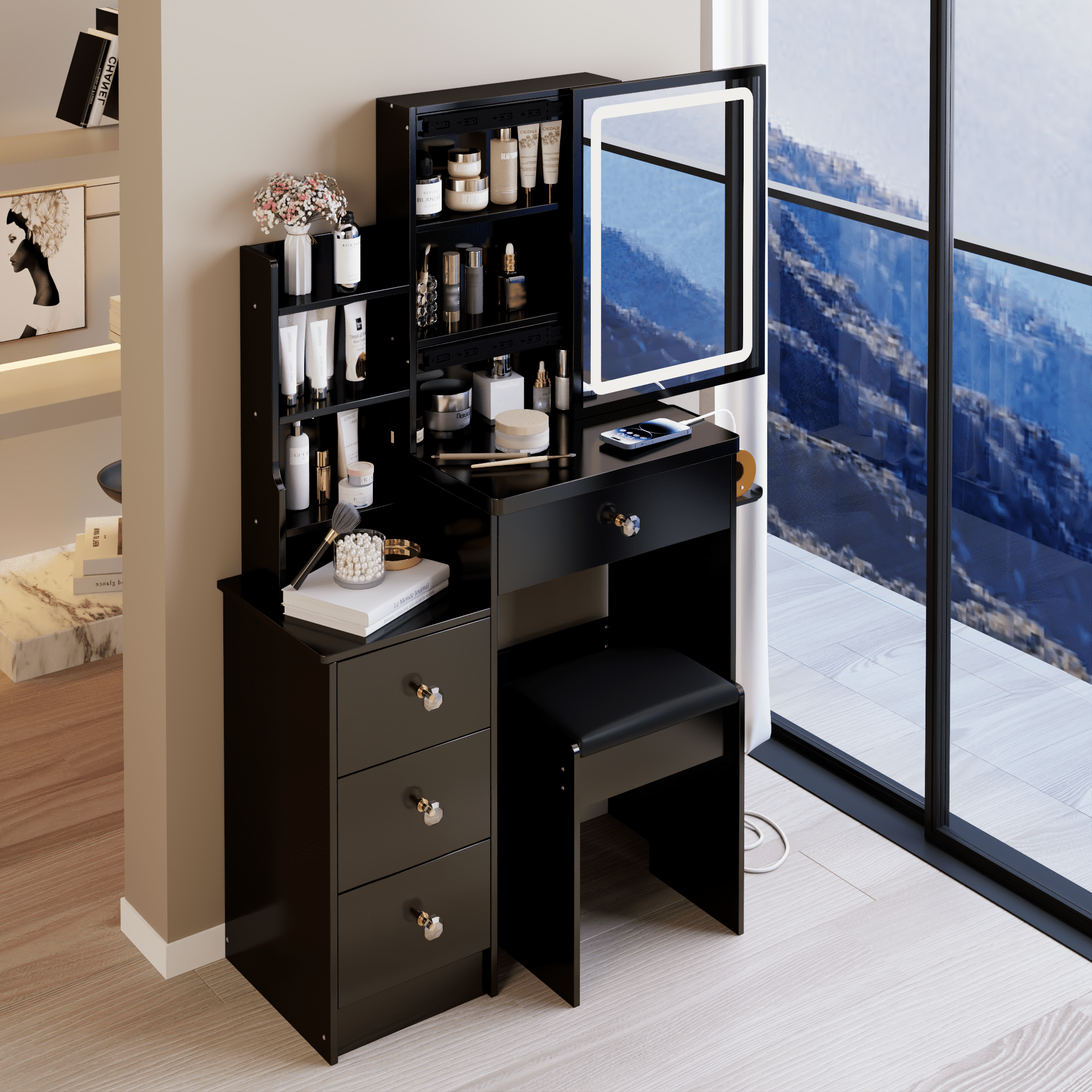 29.2" Small Size Left Bedside Cabinet Vanity Table + Cushioned Stool, 2 AC+2 USB Power Station, Hair dryer bracket, Extra Large Touch Control Sliding LED Mirror, Tri-color Switching