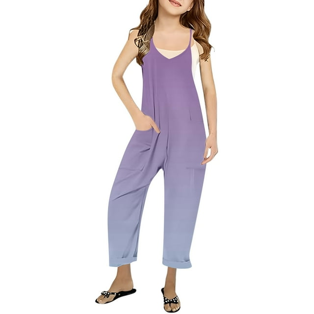MIASHUI Combinaison pour Filles à Col en V Sans Manches, Décontractée, Pantalon Long, Violet, 13-14 Ans