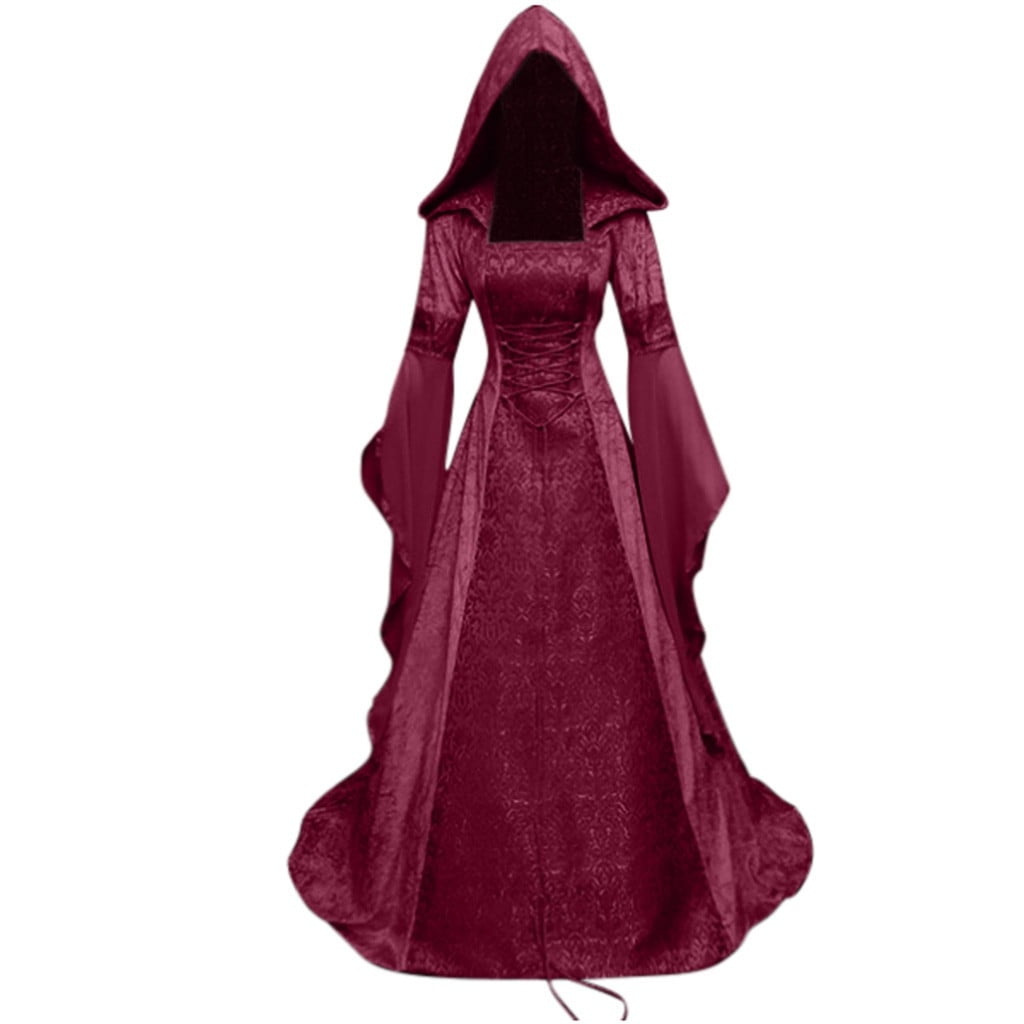Skull Dress Women Halloween Costumes Long Sleeve Gothic Dress with Hood Medieval Lace Up Corset Renaissance Dress 