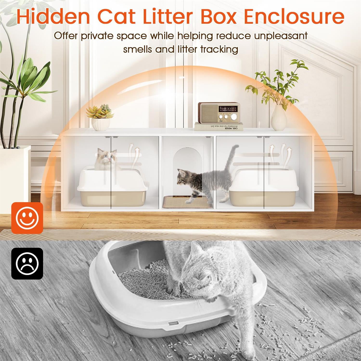 Pefilos Cat Litter Box Enclosure for 2 Cats, Double Rooms & Sisal Scratching Mat, TV Stand Design, White