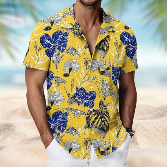 Hawaiian T Shirt for Men Short Sleeve Lapel Button Down Printed Shirts Beach Tops Multicolor 3 XXL