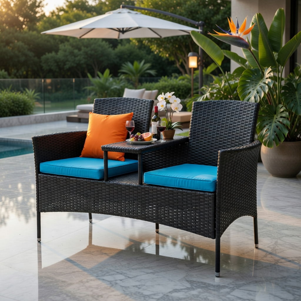 Hommoo Wicker Patio Conversation Set, Outdoor Sofa Set with Removable Cushions, Tempered Glass Table, Weather-Resistant Rattan, for Balcony, Poolside & Garden, Turquoise