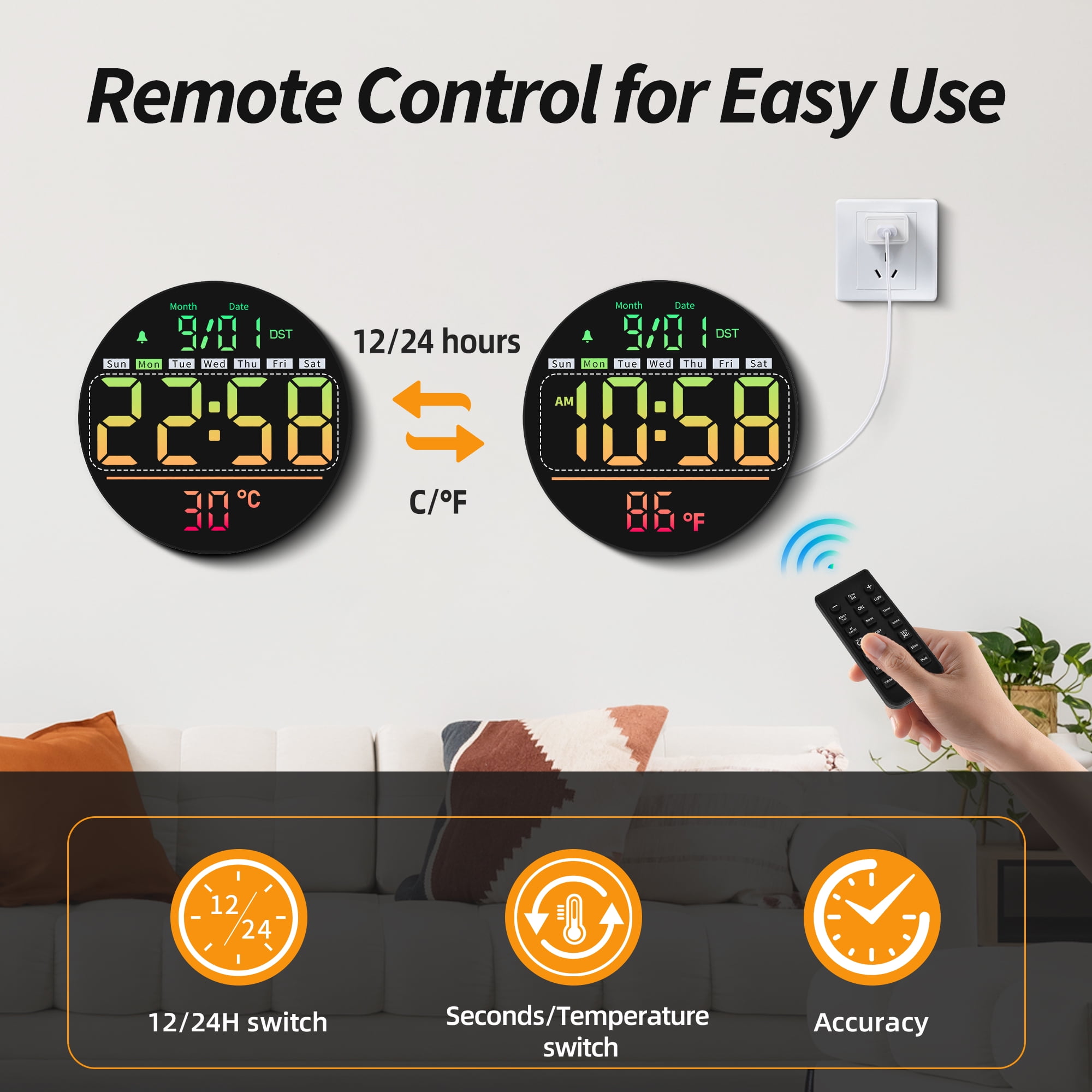 LEIKE 8" LED Large Digital Wall Clock Large Numbers, Plug-in Digital Alarm Clock with Remote for Bedroom, Auto DST, Temperature & Humidity