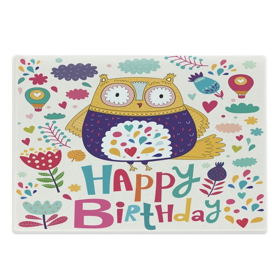 Birthday Cutting Board, Funny Owl Bird with Heart Leaves and Flowers Greeting Doodle Style Print, Decorative Tempered Glass Cutting and Serving Board, Large Size, Multicolor, by Ambesonne
