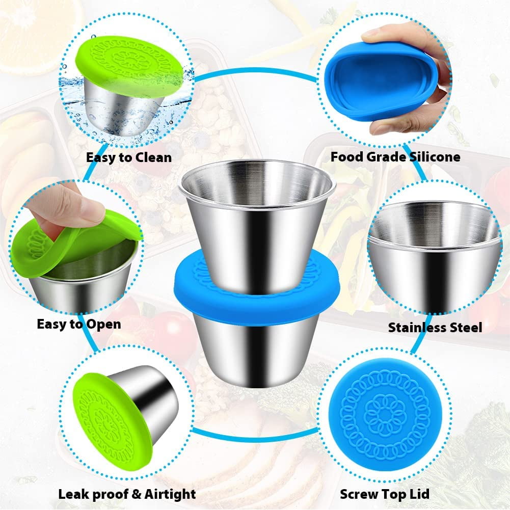 [8 Pack] Salad Dressing Container To Go, 2.4oz Small Condiment Containers  with Leakproof Silicone Lids, Reusable Stainless Steel Sauce Cups for Lunch