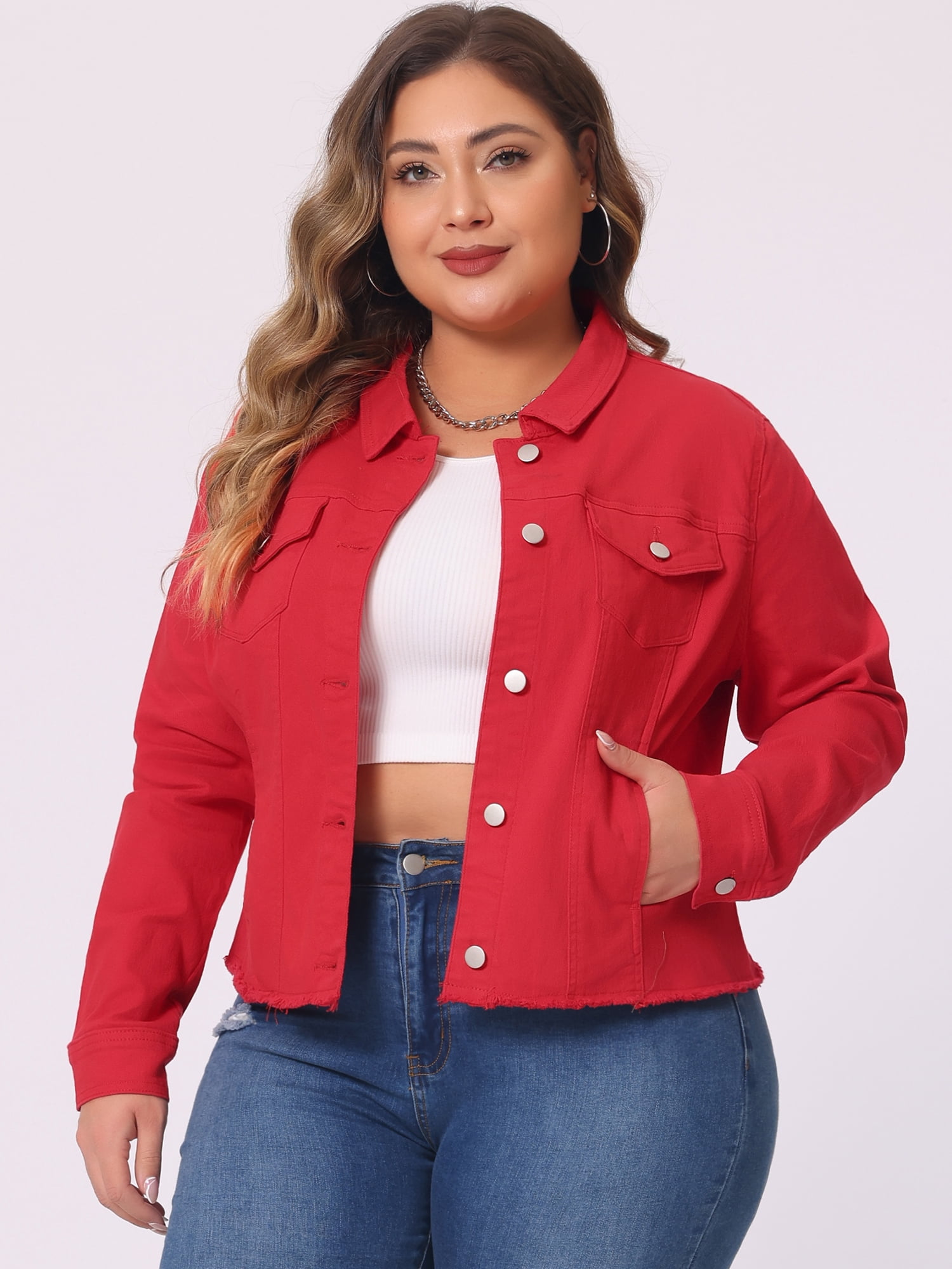 DARING DIVA Women's Plus Size Washed Front Frayed Classic Denim Jacket 5X Red