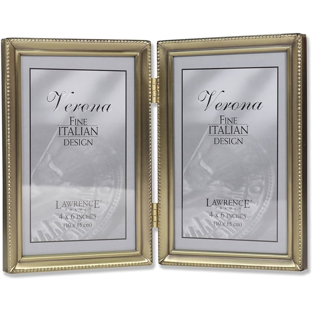 AmPm Antique Pewter 5x7 Hinged Double Picture Frame, Bead Border Design