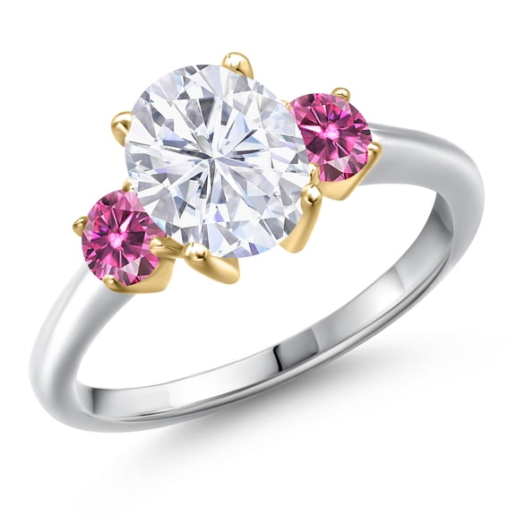 Gem Stone King 925 Silver and 10K Yellow Gold White Moissanite and Pink Moissanite Engagement Ring for Women | 2.56 Cttw | Oval 9X7MM | Gemstone Birthstone | Size 6