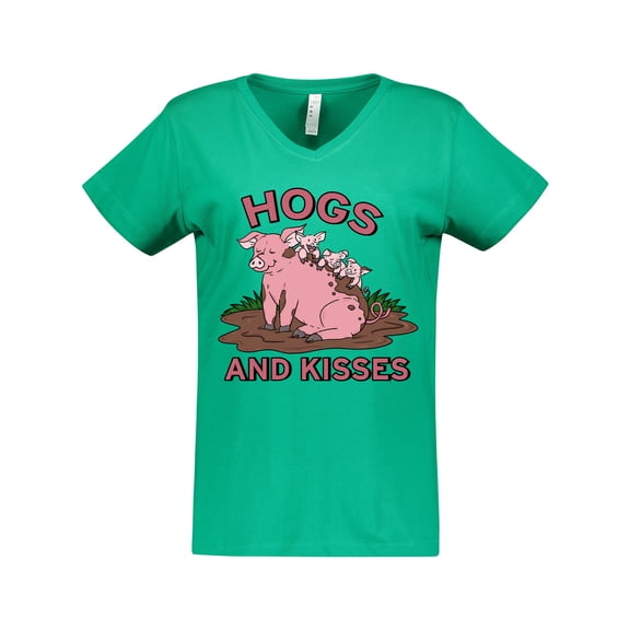 Inktastic Hogs and Kisses with Cute Pig Family Women's V-Neck T-Shirt