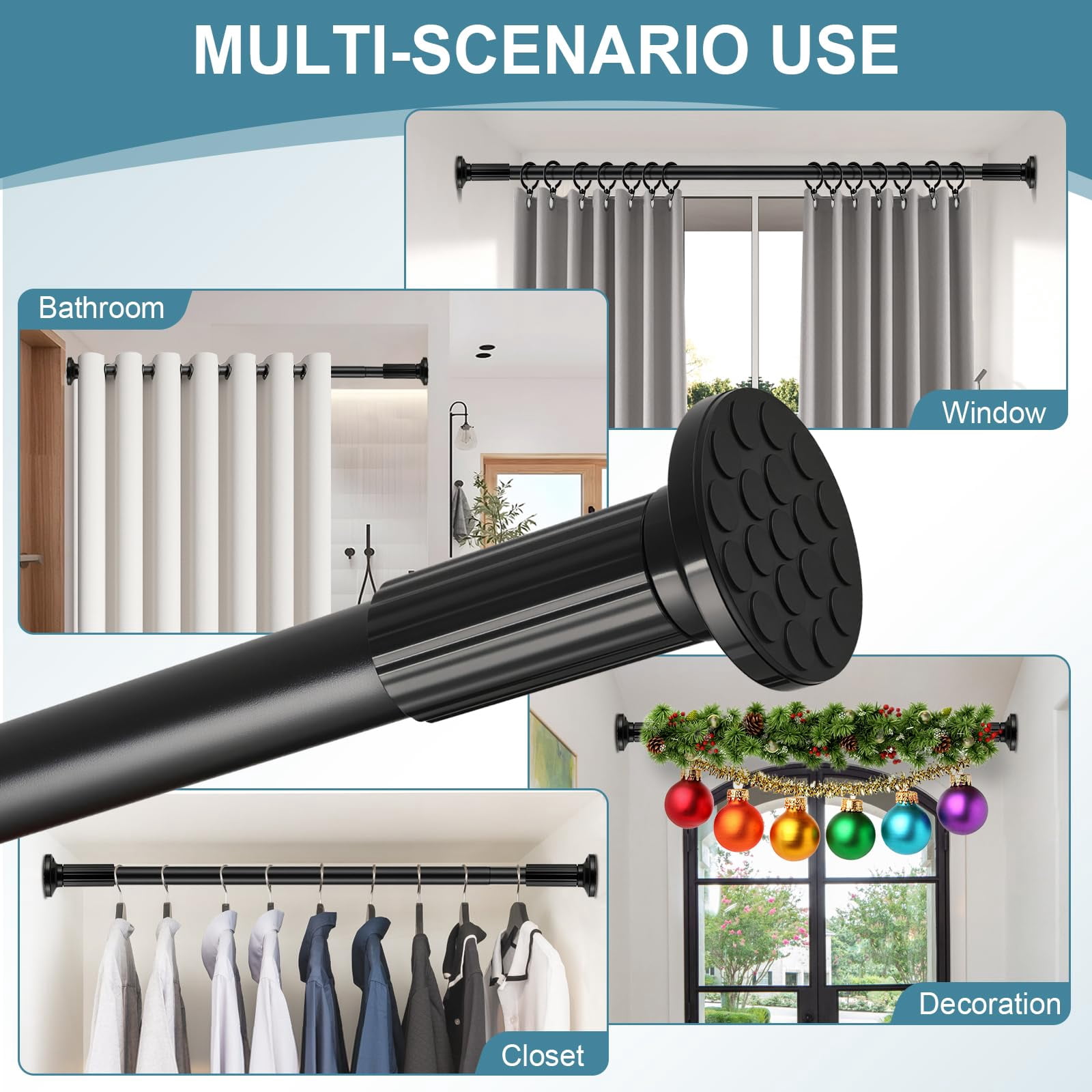 VEGCOO Tension Curtain Rod 51-148 In(4.25-12.33 ft), Rod Rust-free No Drilling Shower Curtain Rod, Outdoor Curtain Rods for Patio for Window Room Divider Closet Rod Adjustable Black