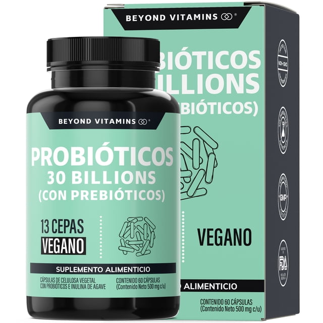 Probioticos 30 Billion Ufc + Prebióticos (prebiotic) + Inulina De Agave | 13 Cepas | Microencapsulación De 4 Capas | Fibra - Vitaminas Mujer. / Hombre - Flora- Candida Cleanse - 60 Cáps