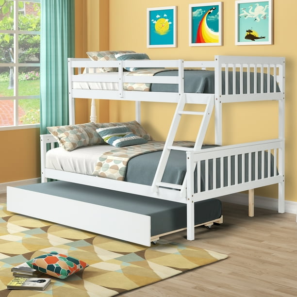Solid Wood Twin Over Full Bunk Beds with Trundle, Bunk Beds for Kids with Stairs and Guard Rail