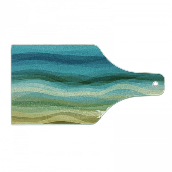 Abstract Cutting Board, Abstract Design Modern Illustration of Waves Starfish Sandy Beach Aquatic Theme, Tempered Glass Cutting and Serving Board, Wine Bottle Shape, Blue Beige, by Ambesonne