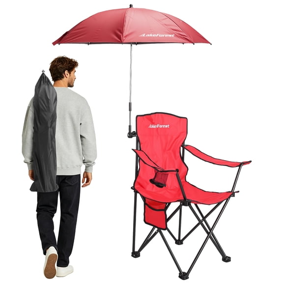 Imountek Heavy Duty Beach Chair with Umbrella, 330LBS Capacity Foldable Camping Chair with Cup Holder for Beach Picnic Travel, Red