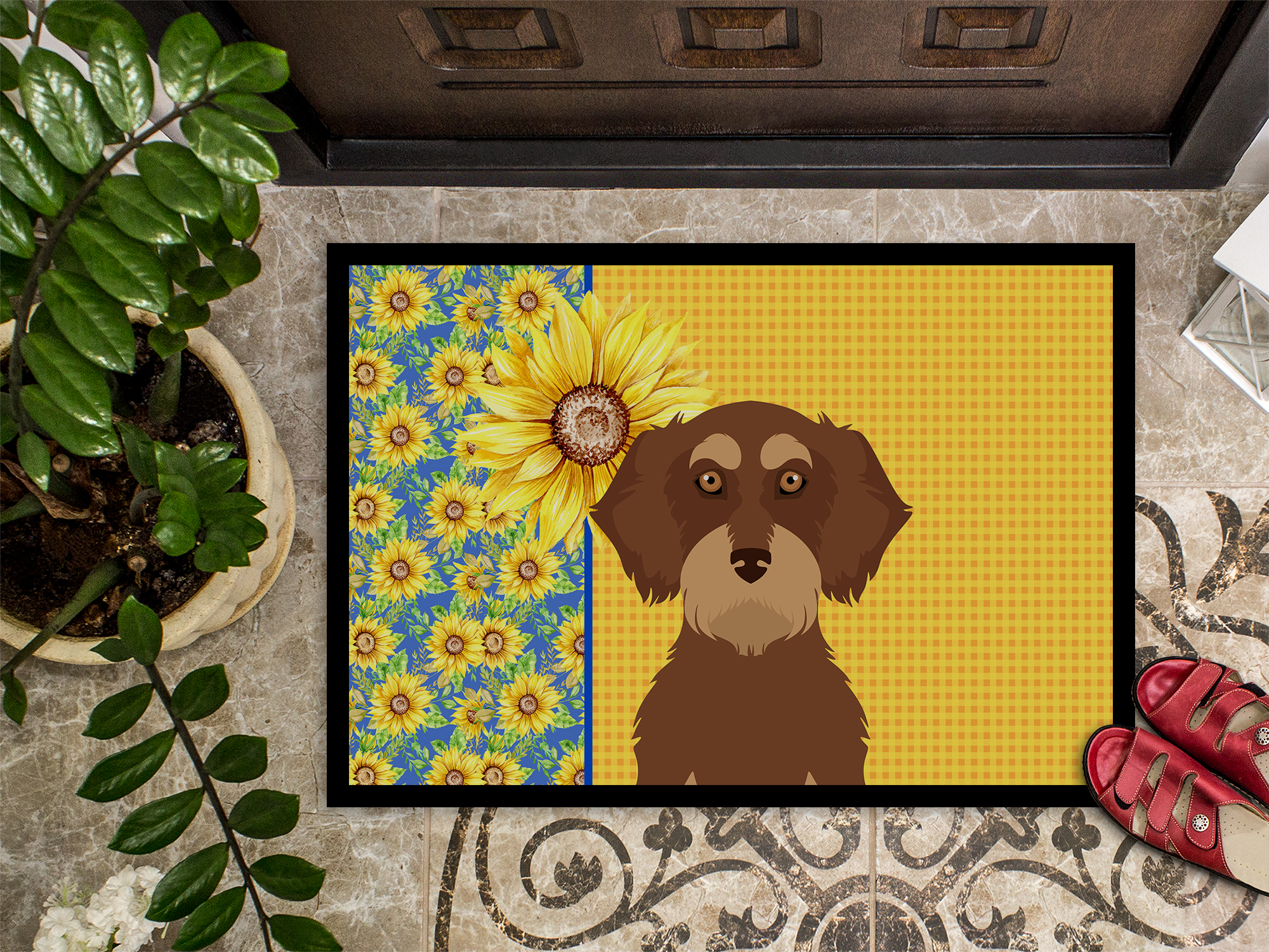 Summer Sunflowers Wirehair Red and Tan Dachshund Indoor or Outdoor Mat 24x36 36 in x 24 in