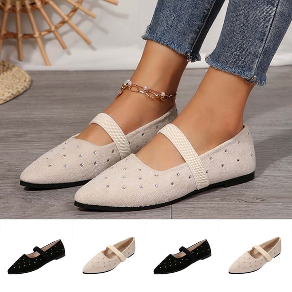 FRSASU Women's Mary Jane Flats Shoes Pointed Toe Rhinestone Casual Ballet Flats with Ankle Strap Soft Suede Dress Shoes Black