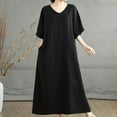 thumbnail image 5 of Cagogo Ladies Plus Size Linen Cotton Short Sleeve Wedding Guest Dresses Under $5 Summer V Neck Tunic Flowy Swing Tshirt Maxi Long Aline Sundress Sexy Black Work Dresses, 5 of 9