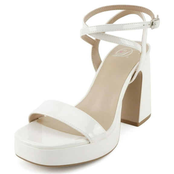 Delicious Shoes Women Block High Heel Buckle Ankle Strap Open Toe Platform MUFFIN-S Cream White Patent 7.5