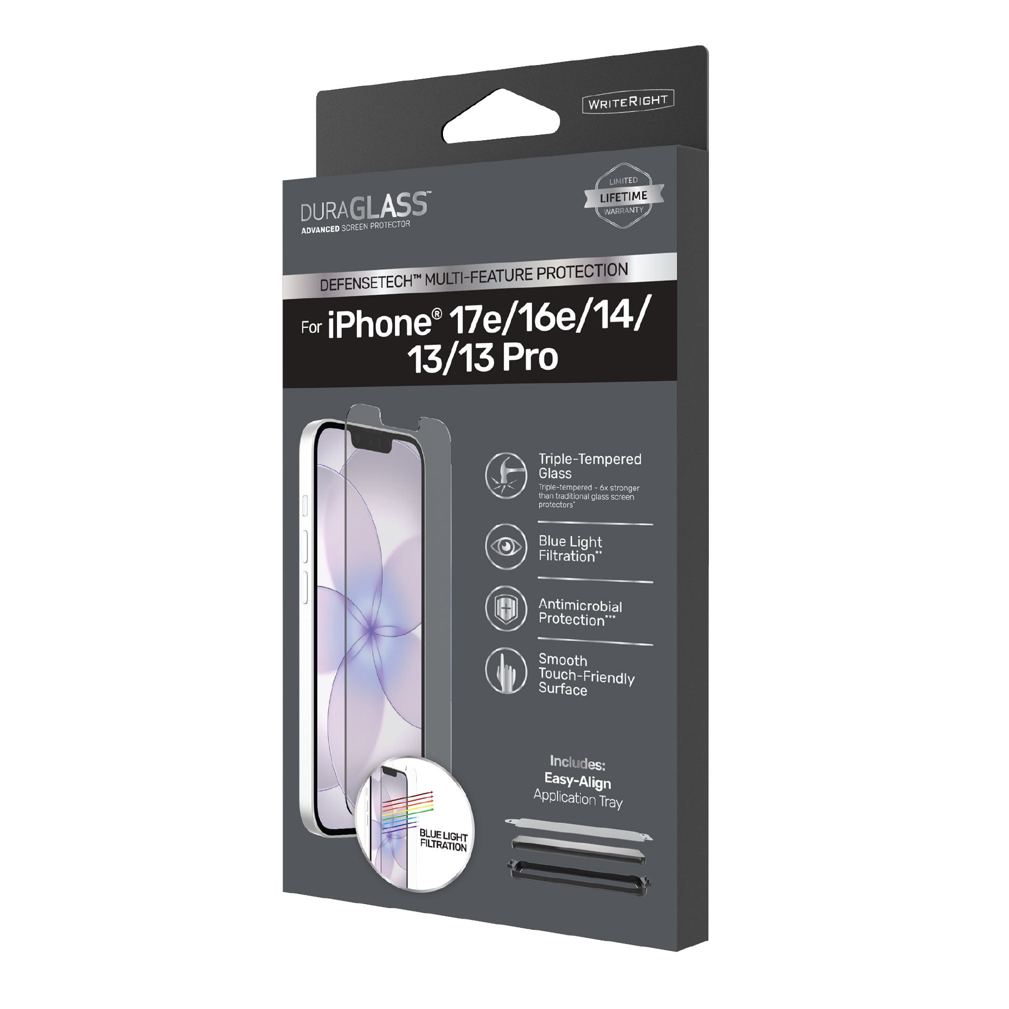 DuraGlass DefenseTech Glass Screen Protector with Blue Light Filter for iPhone 17e / 16e / 14 / 13 / 13 Pro with Easy Application Tray